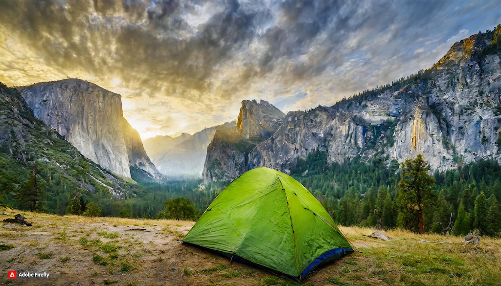 Firefly yosemite national park camping green tent during hot summer with clouds at the south rim with sunrise